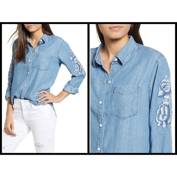 💕RAILS💕 Denim Chambray Floral Embroidered Blouse - Picture 1 of 8